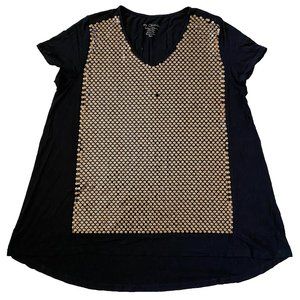 by Chico's Sequin Black Gold Bling Fancy Stretchy Top Blouse Size 2 Large EUC
